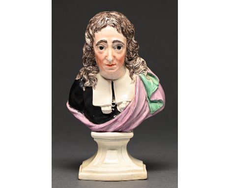 A Ralph Wood pearlware portrait bust of John Milton, c1810, on integral socle, painted in overglaze enamels, 23cm h, impresse