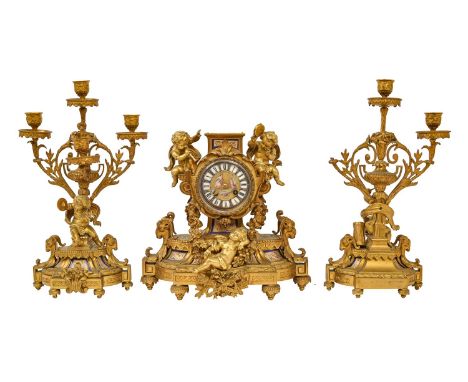 A French giltmetal and porcelain-mounted garniture de cheminée, porcelain dial with enamel chapters, the movement stamped 283