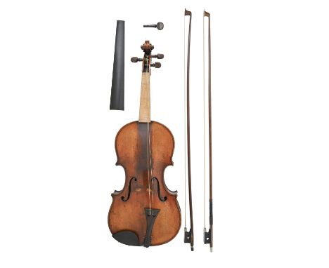 A Maggini-style violin, late 19th c, 14in back, cased with two bows  Finger board detached