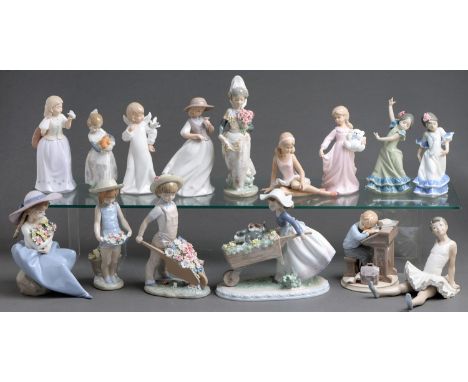 Fifteen Lladro, Nao and other figures, 24cm h and smaller, printed mark  In largely good condition