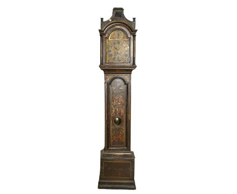 A George II japanned eight-day longcase clock, John Jowitt Leeds, the break arched brass with matted centre, date aperture, s