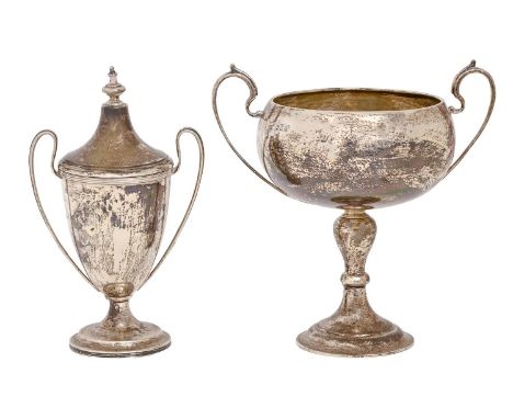 A George V silver trophy cup, 18cm h, maker's mark rubbed, London 1922 and a smaller, contemporary silver shield shaped cup a