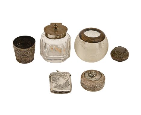 An Indian silver repoussé beaker, inset with a Victorian silver rupee, 1849, a silver vesta case, two boxes, silver mounted g