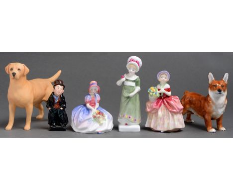 A Beswick model of a labrador and four Royal Doulton figures and a corgi, 15cm h, printed mark  In good condition