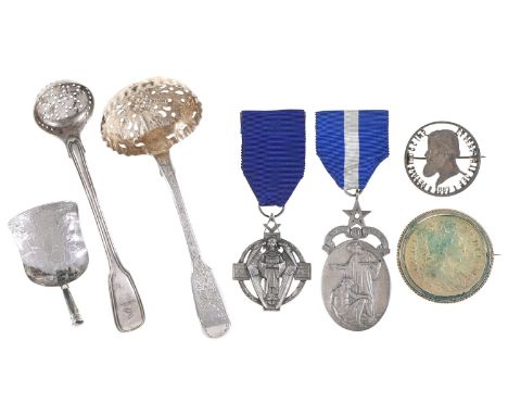 A William III Crown 1696, gilt, mounted, two silver Masonic medals, a George IV silver ladle adapted as a sugar sifter, anoth