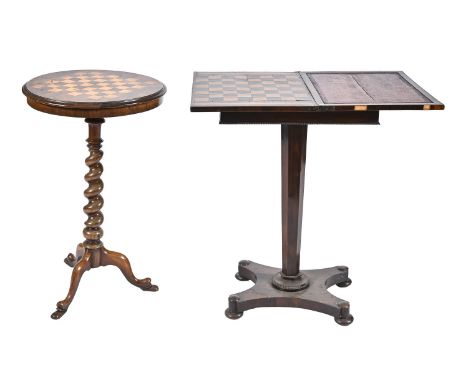 A Victorian rosewood games table, on tapering hexagonal pillar and pedestal base, 78cm h and a contemporary rosewood games ta