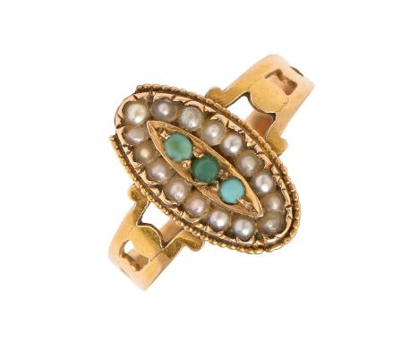 A Victorian split pearl and turquoise ring, in 15ct gold, part marked, 2g, size O  The oval head lacking part of the beading,
