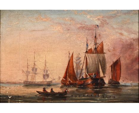 English School, 19th century - Dutch Sailing Barges and other Vessels, with three men in a rowing boat setting the net, signe