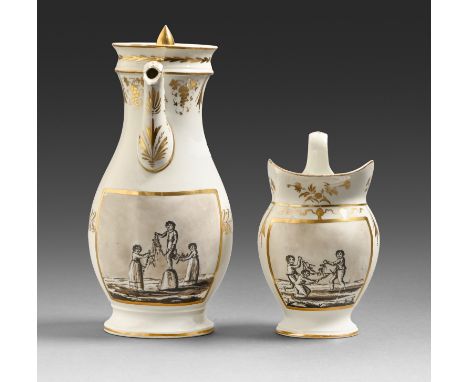A Paris porcelain coffee pot and cover and cream jug, c1810, with dolphin spout and painted en grisaille with children, 26cm 