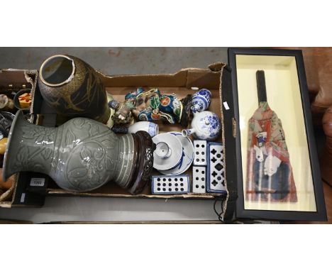 An antique style Chinese celadon glazed vase, on pierced hardwood stand and miscellaneous other Oriental ceramics and works o