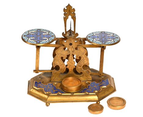 A Victorian engraved gilt brass and champleve enamel equal-arm Roberval-type letter or postal balance, c1880&nbsp;and a set o