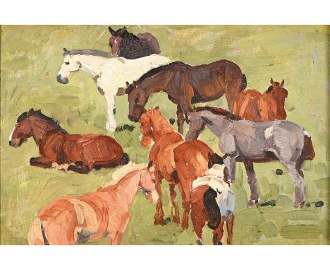 Winifred Wilson (1882-1973) - The Church Field, inscribed and titled manuscript label to verso, oil on board, 19.5 x 29cm  Go