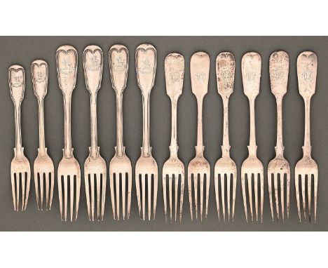 A set of six Victorian silver table forks, Fiddle pattern, by H J Lias &amp; Son, London 1874 and a composed set of four Vict