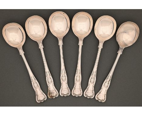 A set of six George V silver soup spoons, King's pattern, diamond heel, by Mappin &amp; Webb Ltd, Sheffield 1934, 17oz 18dwt 