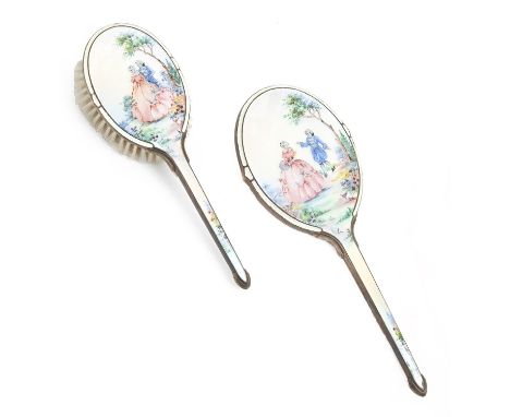 A George VI silver and painted guilloche enamel hand mirror and hairbrush, with 18th c figures, mirror 28.5cm, by the Daniel 