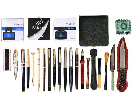 Miscellaneous vintage fountain and ballpoint pens, including Parker, Platignum and others, cheroot holders, a Corona lighter,