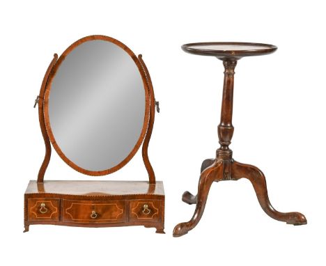 A George III mahogany kettle stand, on tripod with pad feet, 54cm h, 29cm diam and a George III mahogany dressing mirror, wit