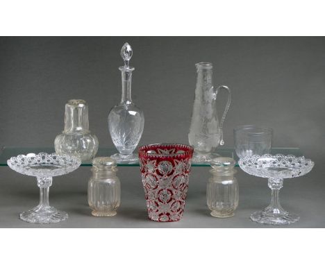Miscellaneous Victorian cut glass, to include a pair of comports, a pair of jars and stoppers, a jug engraved with grape vine