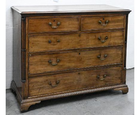 A Victorian mahogany chest of drawers, the two short and three long drawers flanked by turned pillars, on bracket feet, 105cm