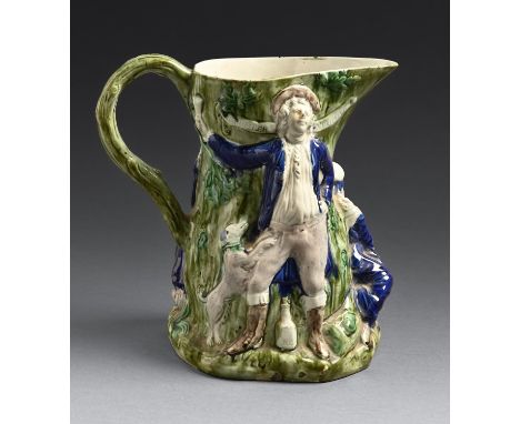 A Robert Garner pearlware Fair Hebe jug, after the design by John Voyez, c1788, moulded with three figures encircling a trunk