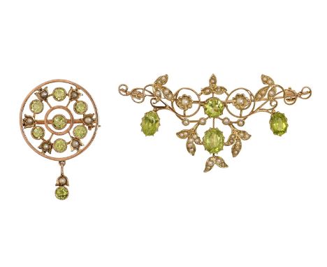 A peridot and split pearl festoon brooch and a similar, smaller, circular brooch with drop, in gold, the first 56mm l, one ma