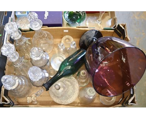 Miscellaneous glassware, 19th c and later, to include decanters, three sets of dishes and a purple glass centrepiece  