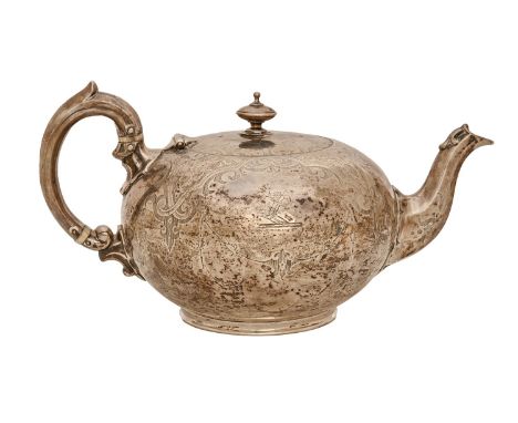 A Victorian silver teapot, engraved with strapwork, ivory insulators, crested, 14cm h, by Robert Harper, London 1865, 19oz 10