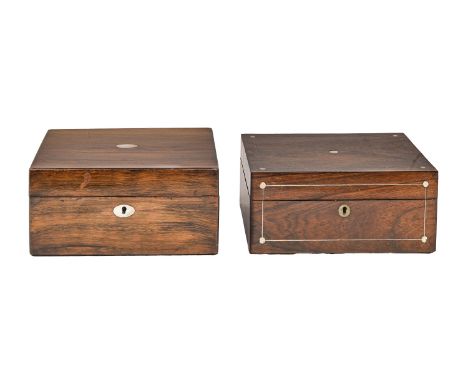 A Victorian rosewood jewel box, inlaid with mother-of-pearl, brass escutcheon, 11cm h; 27 x 19cm and another similar contempo