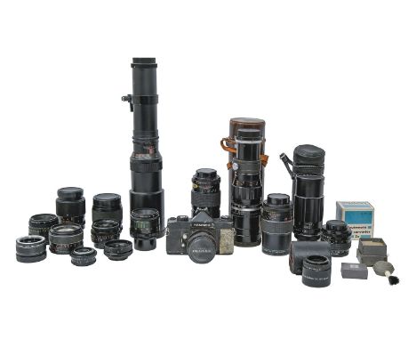 Miscellaneous camera lenses, comprising Hanimex CR1000 with standard Hanimar lens, Hanimar 135mm, Tokina 300mm telephoto and 