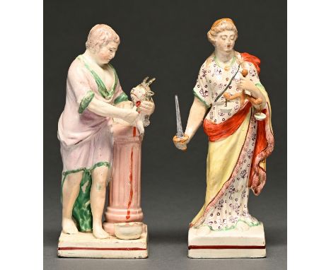 Two Staffordshire pearlware figures of an animal sacrifice and Blind Justice, c1820, painted in overglaze enamels, 21cm h  Bl