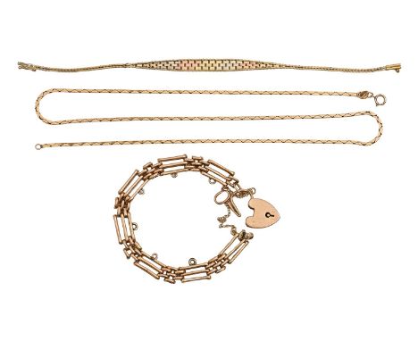 A gold gate bracelet, a three-colour 9ct gold bracelet and a 9ct gold chain, various lengths, 31g (3) Gate bracelet with ligh