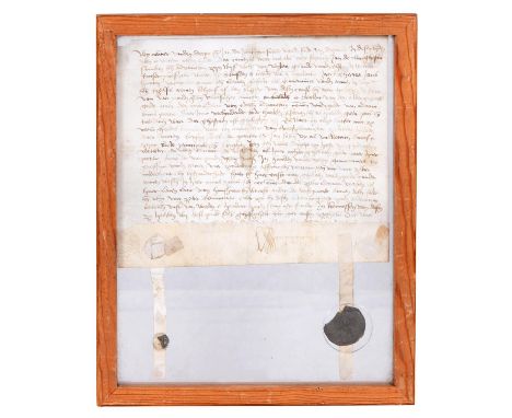 A Medieval indenture, 14th/15th c, manuscript on parchment, 28 lines in total, recto signed, three-quarters of a wax seal ext