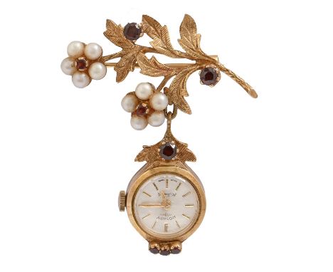 A Rotary 9ct gold pendant watch and 9ct gold garnet and cultured pearl spray brooch, 46mm h, London 1965, 10.3g  Good conditi