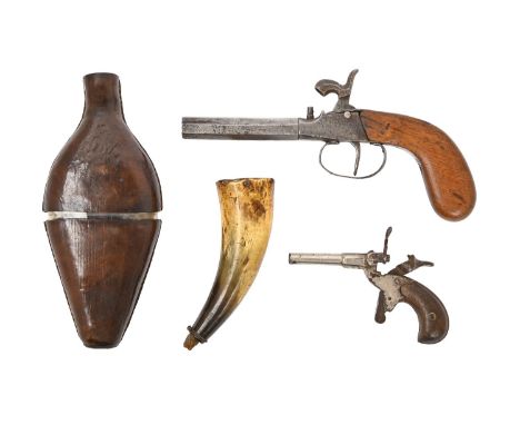 A flintlock pistol, 18th c, with walnut stock, the removable octagonal barrel marked E L G, contemporary glass hunting flask 