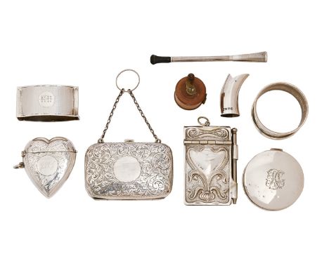 An Edwardian silver vesta case, 41mm h, by Ahronsberg Bros, Birmingham 1904 and other silver articles, comprising a detachabl