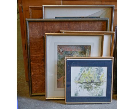 Three watercolours and two other paintings, 19th c and later, to include View of Village Church by J Hale-Sanders&nbsp; with 