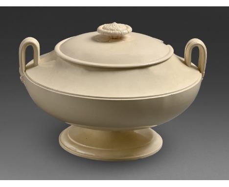 An English creamware soup tureen and a cover, c1800, with flower finial, 19cm h, impressed 2  Tureen with very minor chip to 