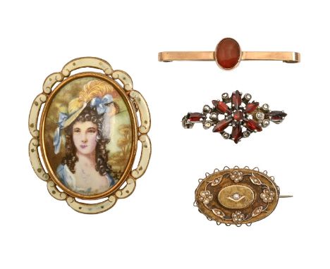 A Victorian split pearl oval brooch, in gold, applied with flowers, gold back 27mm w, a cornelian bar brooch, in gold, marked