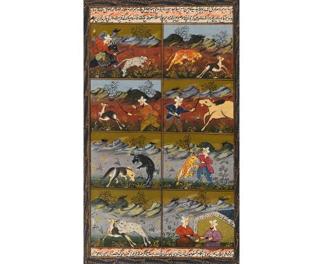 A pair of Indian illuminated manuscript leaves, 20th c, in the Mughal manner, double-column calligraphy, ink, watercolour and