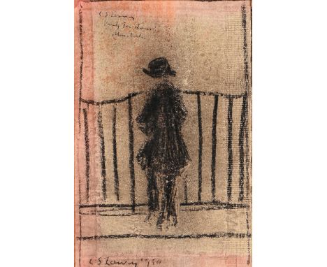Manner of L.S. Lowry - Solitary Figure by a Gate, bears signature, further inscribed and dated 1954,&nbsp;mixed media on pape