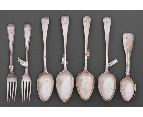 Two and a pair of George III silver tablespoons, Old English pattern, two George III silver table forks, beaded Old English p