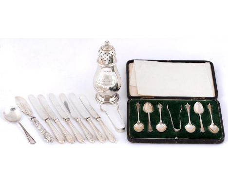 A George VI silver caster, 15.5cm h, by Suckling Ltd, Birmingham 1939, a cased set of six silver coffee spoons and sugar bows