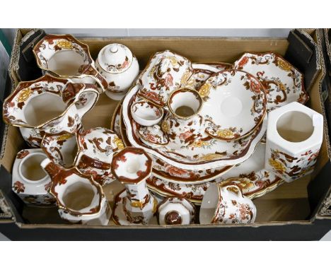 A quantity of Mason's Ironstone Brown Velvet pattern dinner and trinket ware, including vase and cover, candlestick and jugs,