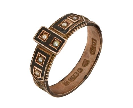 A Victorian split pearl and 9ct gold and enamel mourning ring, Chester 1893, 2.2g, size M  Enamel chipped