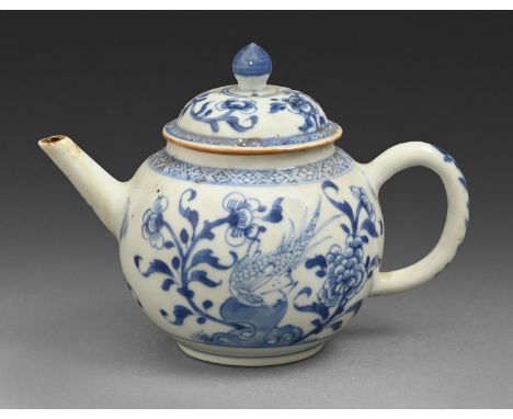 A Chinese porcelain blue and white teapot and cover, 18th c, 13cm h  Chip to underside of cover rim Minor wear to spout end