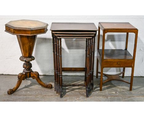 A Victorian walnut octagonal work table, on carved tripod base, 73cm h, a contemporary washstand and a later mahogany nest of