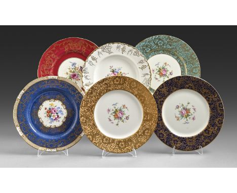 Six English porcelain floral plates, 20th c, to include Mintons, Royal Worcester and Royal Crown Derby, 29cm diam, printed ma