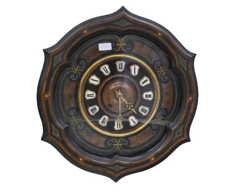 A German ebonised walnut and brass inlaid wall clock, late 19th c, the brass mounted dial with enamel chapters, key, 54 x 49.