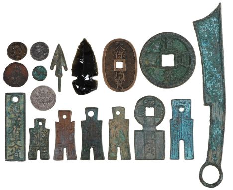 Miscellaneous Chinese and Japanese coins and amulets,&nbsp; including five Chinese spade coins, Wang Mang period, a knife coi