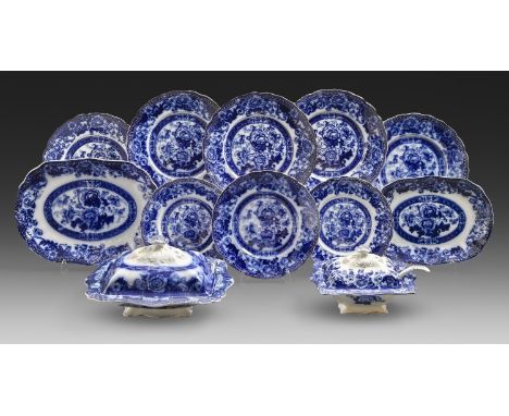 A Wood & Son earthenware flow blue Verona pattern part dinner service, c1890, including two tureens, printed and impressed ma